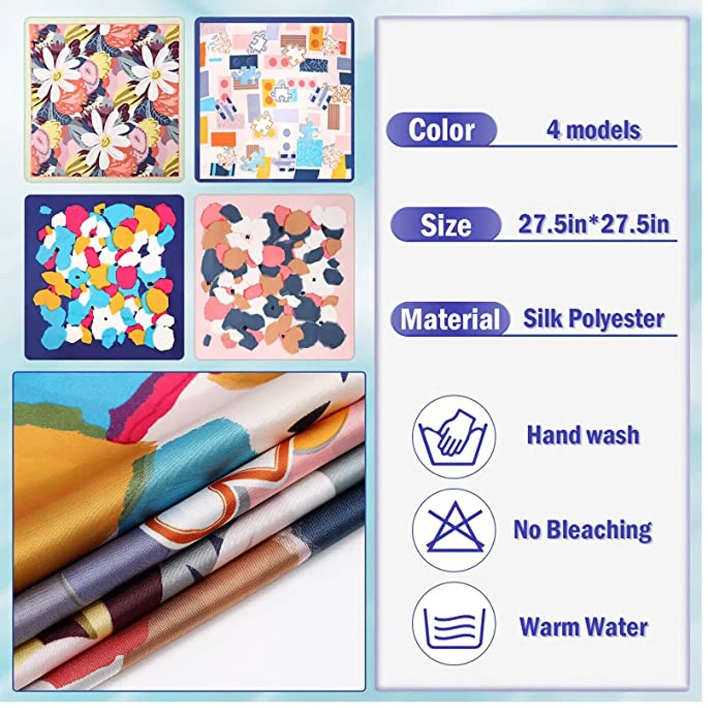 4 Pack 27.5" Large Silk Scarf Satin Square Head Scarves Silk like Neck Scarf Hair Sleeping Wraps Lightweight for Women, Girls and Ladies